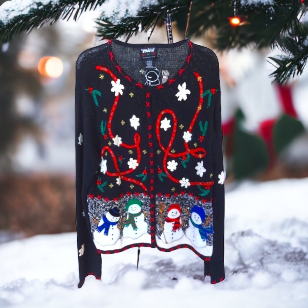EUC Ugly Christmas Sweater Winner Large Black Appliqués Embroidery Beaded Women